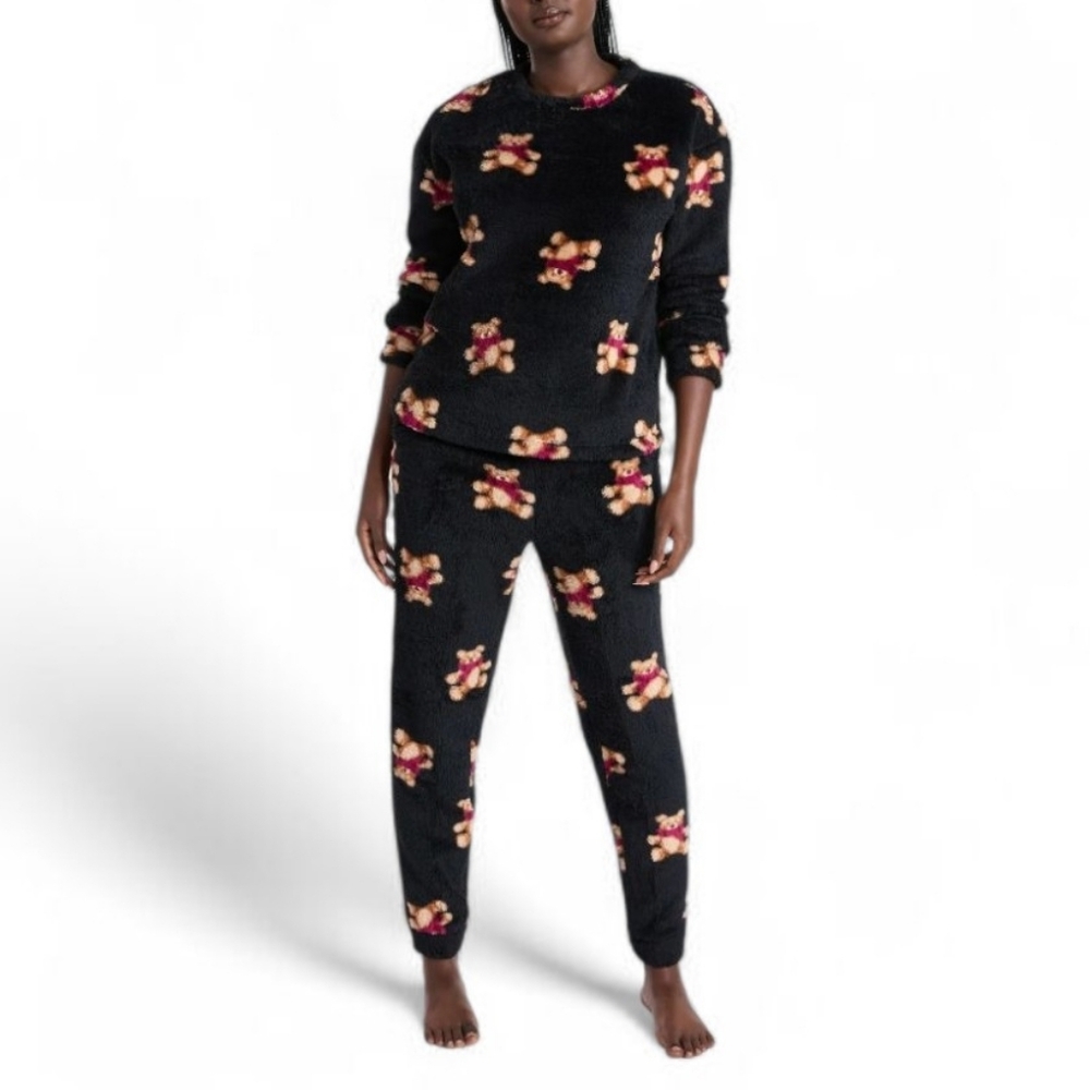 Joyspun Plush Black Teddy Bear Long Sleeve Top And Pants Pajama Set Size M
